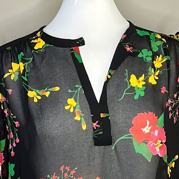 CABI Thespian Blouse #5706 Bold Jewel Tone Floral Pullover Ruffle Sleeve Blouse - Picture 5 of 11